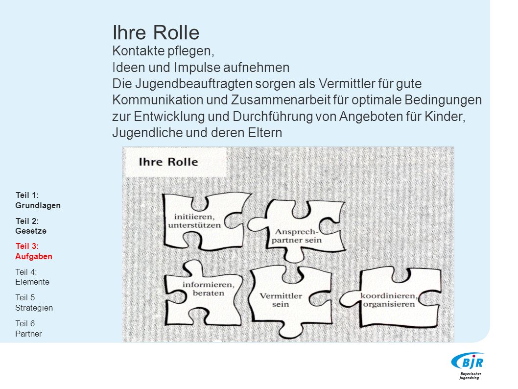 Ihre Rolle Kontakte pflegen, Ideen und Impulse aufnehmen Die Jugendbeauftragten sorgen als Vermittler für gute Kommunikation und Zusammenarbeit für optimale Bedingungen zur Entwicklung und Durchführung von Angeboten für Kinder, Jugendliche und deren Eltern