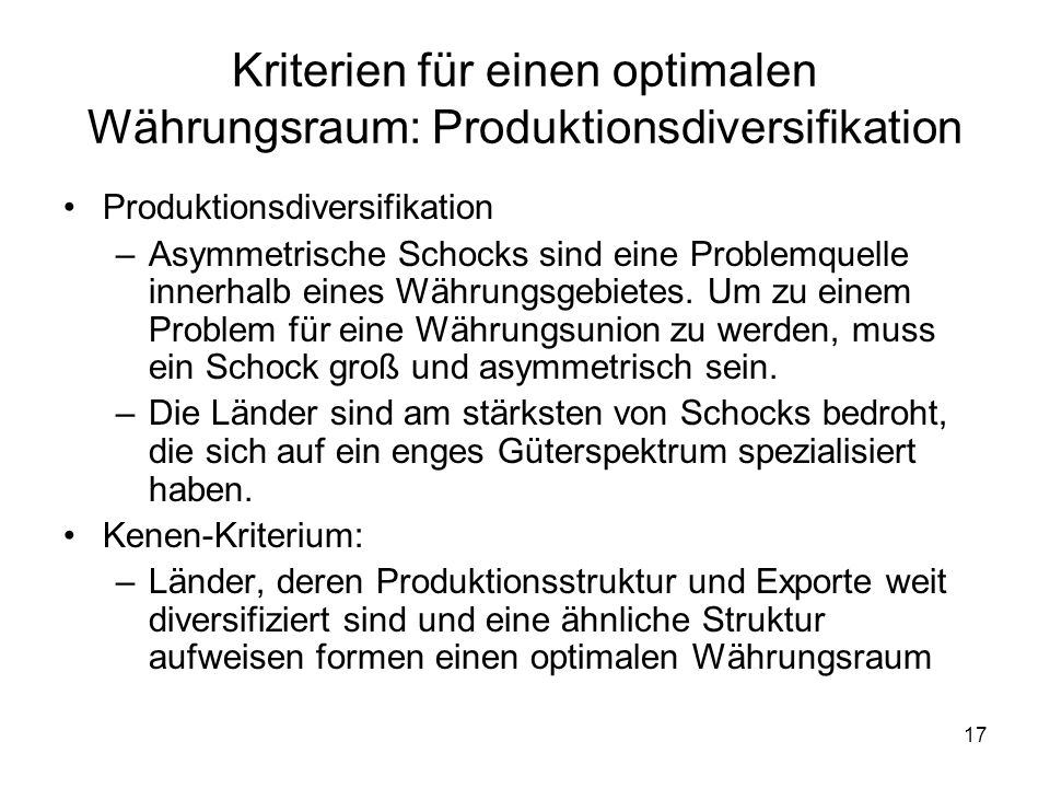 Kriterien für einen optimalen Währungsraum: Produktionsdiversifikation