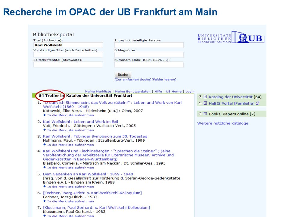 Recherche im OPAC der UB Frankfurt am Main