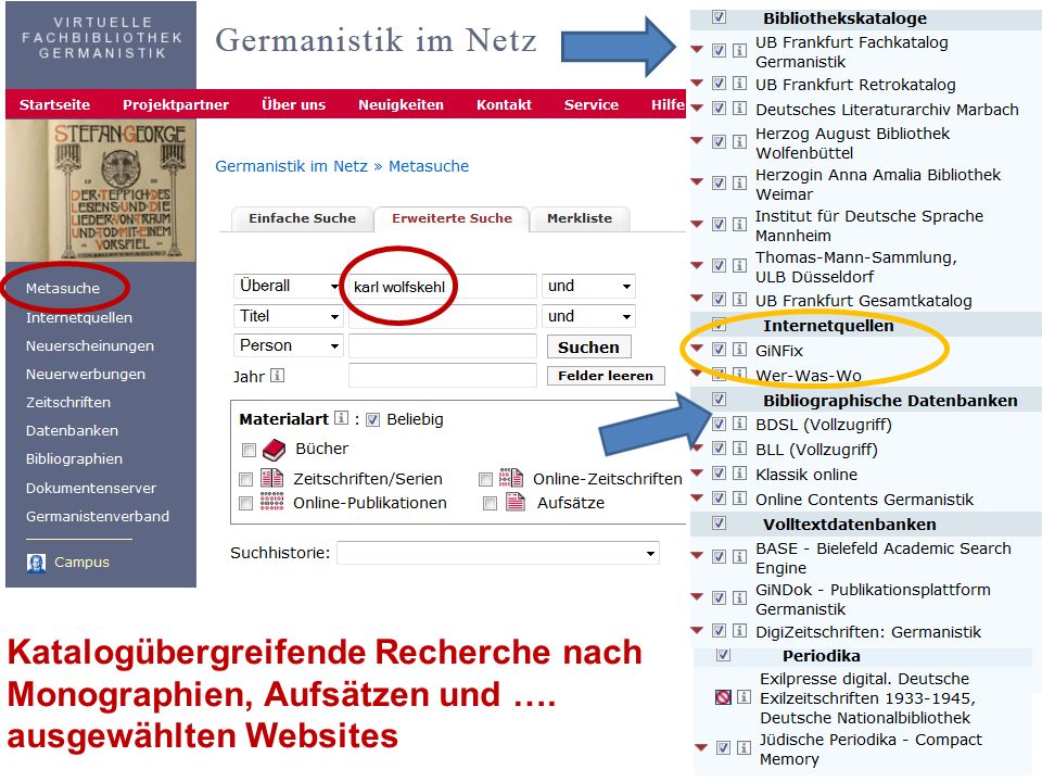Katalogübergreifende Recherche nach Monographien, Aufsätzen und ….