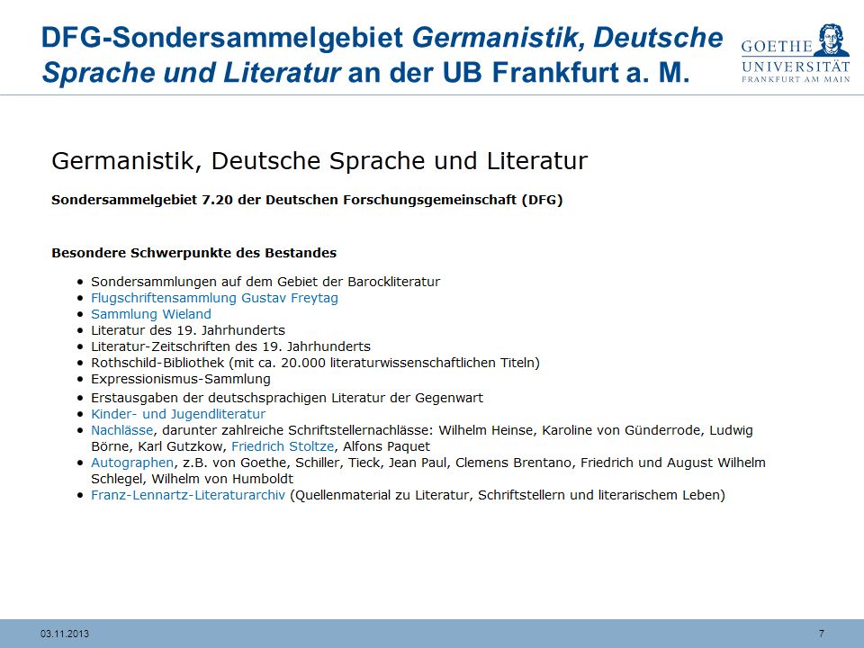 DFG-Sondersammelgebiet Germanistik, Deutsche Sprache und Literatur an der UB Frankfurt a. M.