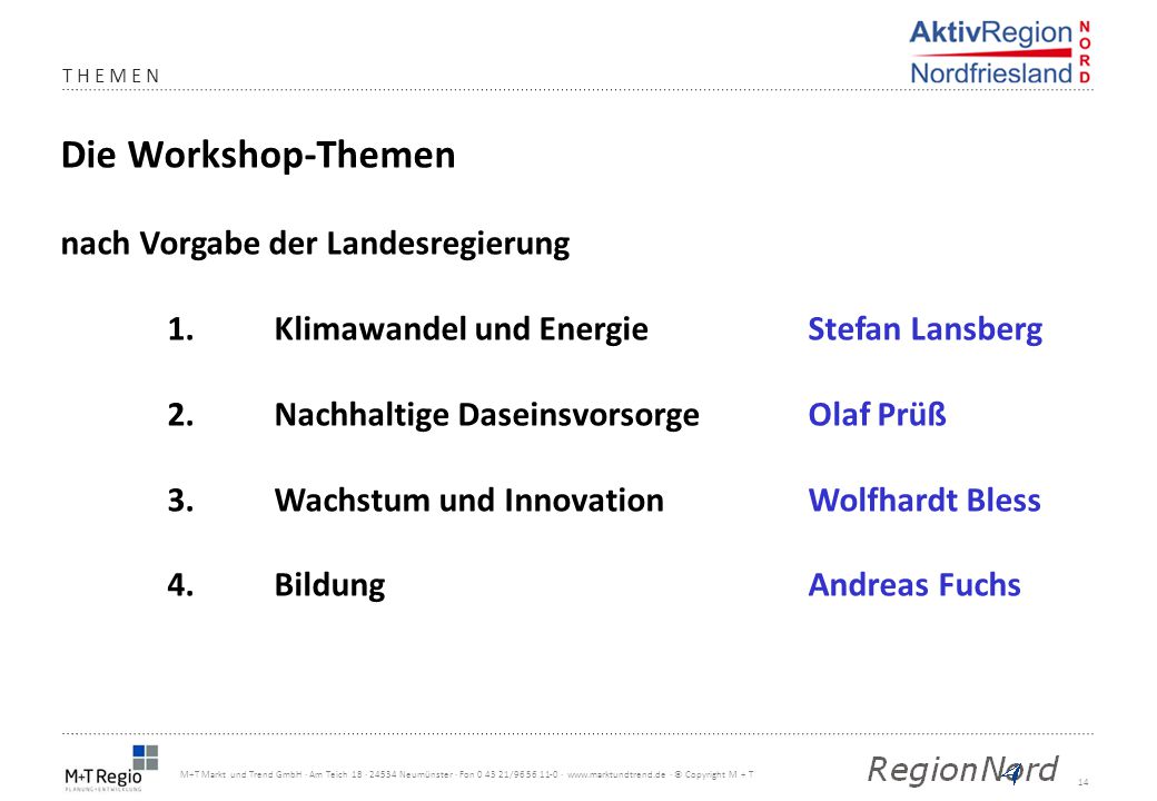 Die Workshop-Themen nach Vorgabe der Landesregierung