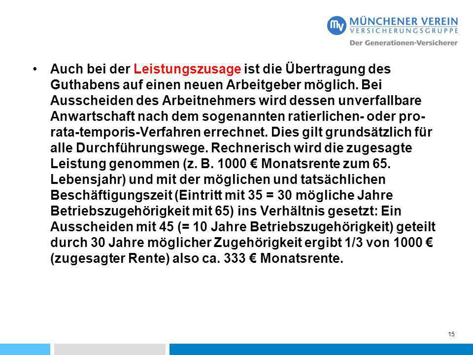 Auch bei der Leistungszusage ist die Übertragung des Guthabens auf einen neuen Arbeitgeber möglich.