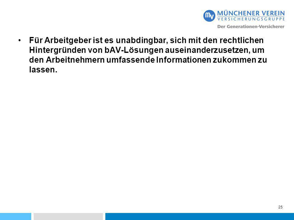 Für Arbeitgeber ist es unabdingbar, sich mit den rechtlichen Hintergründen von bAV-Lösungen auseinanderzusetzen, um den Arbeitnehmern umfassende Informationen zukommen zu lassen.