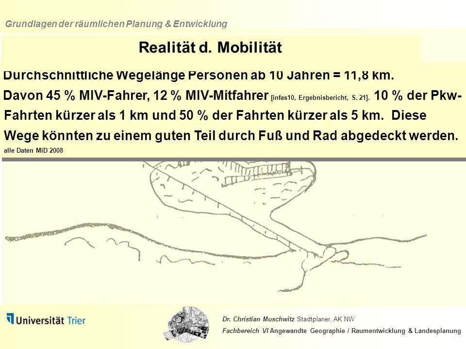 Realität d. Mobilität Durchschnittliche Wegelänge Personen ab 10 Jahren = 11,8 km.
