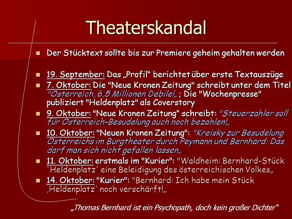 Theaterskandal Der Stücktext sollte bis zur Premiere geheim gehalten werden. 19. September: Das „Profil berichtet über erste Textauszüge.