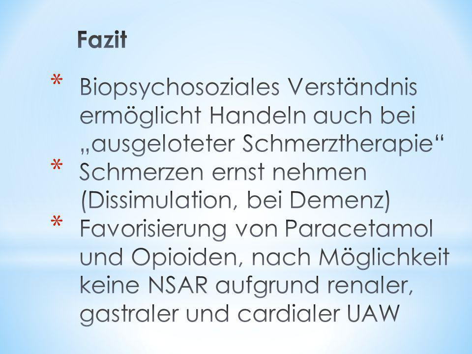 Fazit Biopsychosoziales Verständnis ermöglicht Handeln auch bei „ausgeloteter Schmerztherapie Schmerzen ernst nehmen (Dissimulation, bei Demenz)