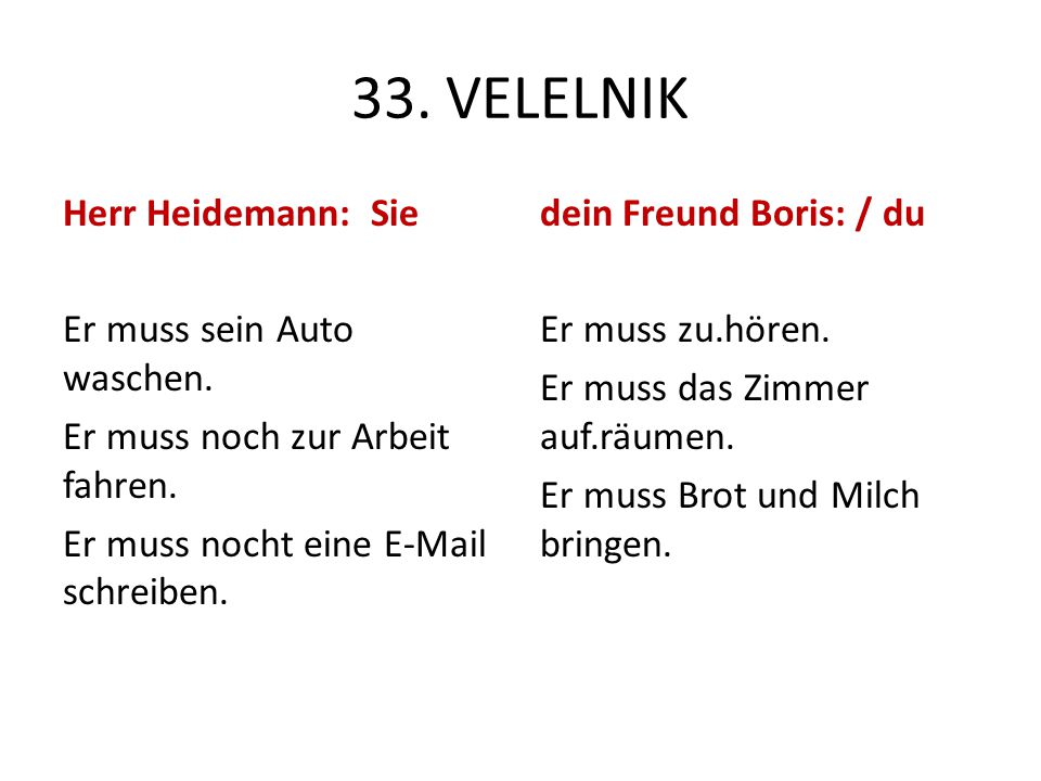 33. VELELNIK Herr Heidemann: Sie Er muss sein Auto waschen. Er muss noch zur Arbeit fahren. Er muss nocht eine  schreiben.