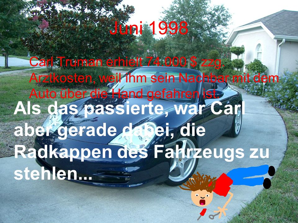 Juni 1998 Carl Truman erhielt $ zzg. Arztkosten, weil ihm sein Nachbar mit dem Auto über die Hand gefahren ist.