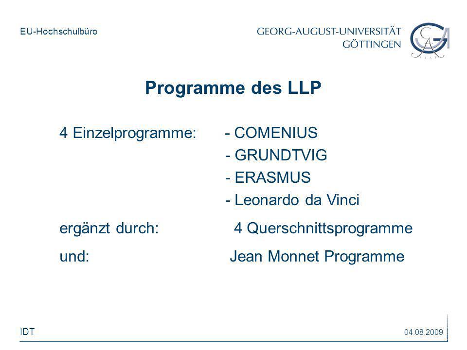 Programme des LLP 4 Einzelprogramme: - COMENIUS - GRUNDTVIG - ERASMUS
