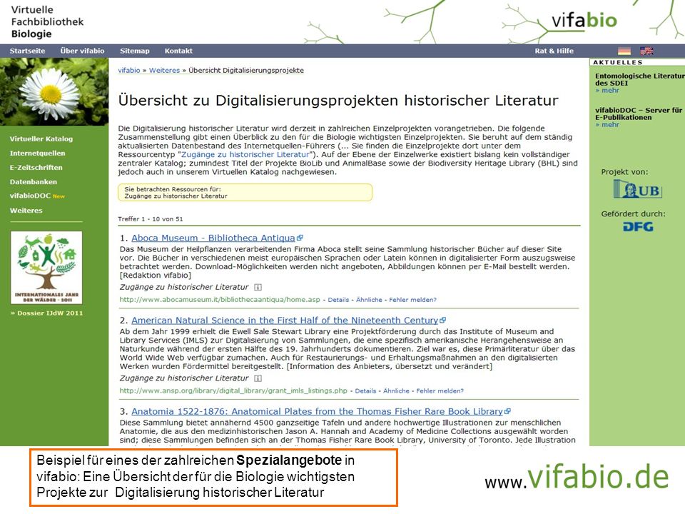 Beispiel für eines der zahlreichen Spezialangebote in vifabio: Eine Übersicht der für die Biologie wichtigsten Projekte zur Digitalisierung historischer Literatur