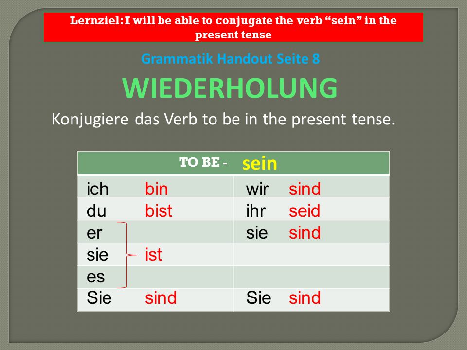 WIEDERHOLUNG sein Konjugiere das Verb to be in the present tense. ich