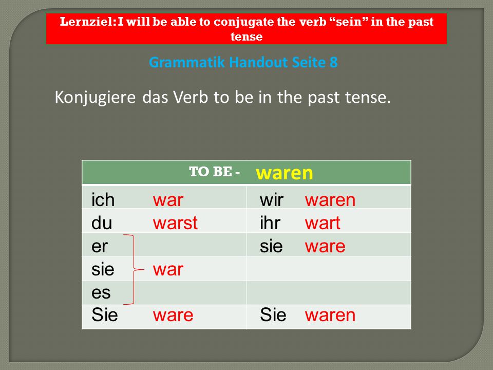 waren Konjugiere das Verb to be in the past tense. ich du er sie es