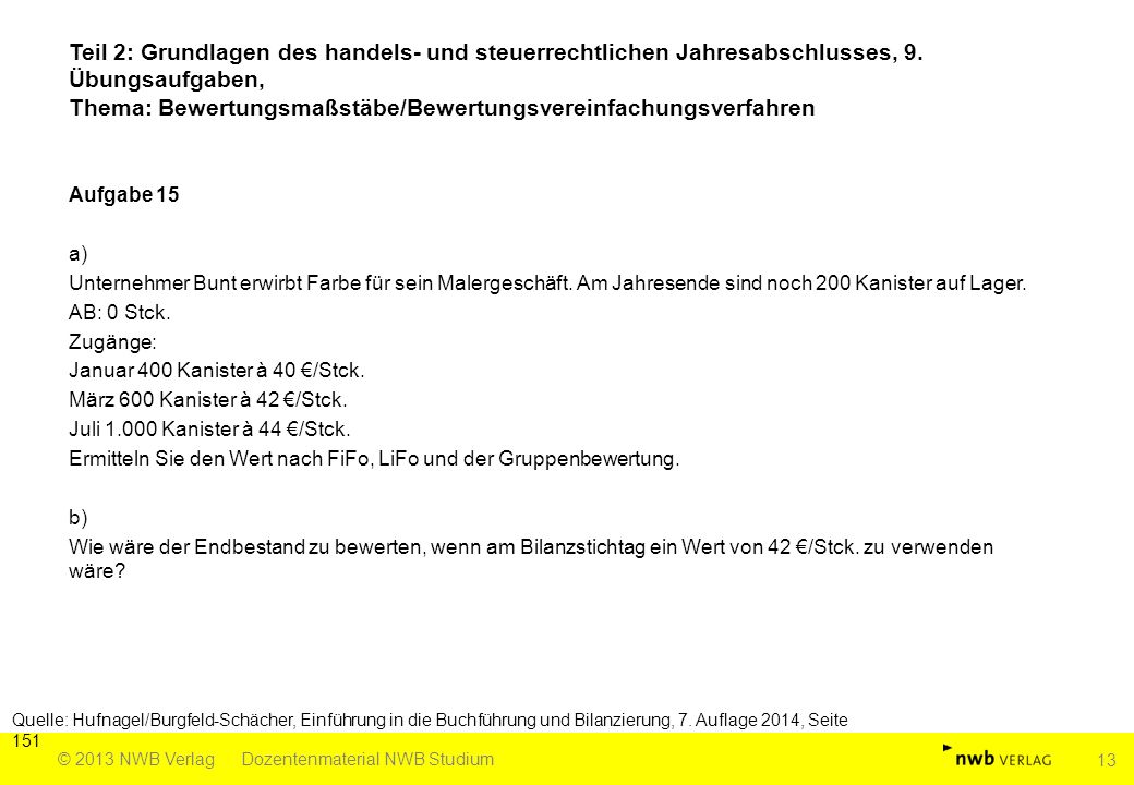 Teil 2: Grundlagen des handels- und steuerrechtlichen Jahresabschlusses, 9. Übungsaufgaben, Thema: Bewertungsmaßstäbe/Bewertungsvereinfachungsverfahren