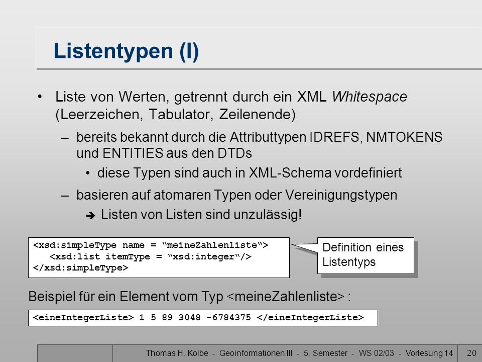 Listentypen (I) Liste von Werten, getrennt durch ein XML Whitespace (Leerzeichen, Tabulator, Zeilenende)