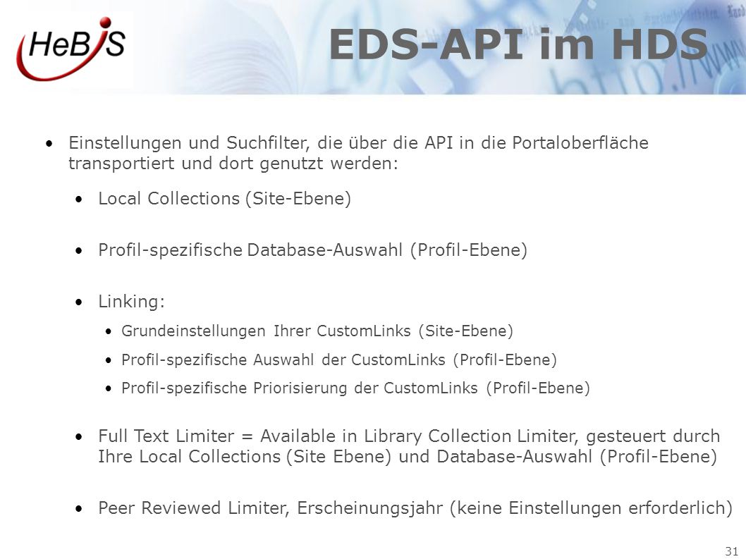 EDS-API im HDS Einstellungen und Suchfilter, die über die API in die Portaloberfläche transportiert und dort genutzt werden: