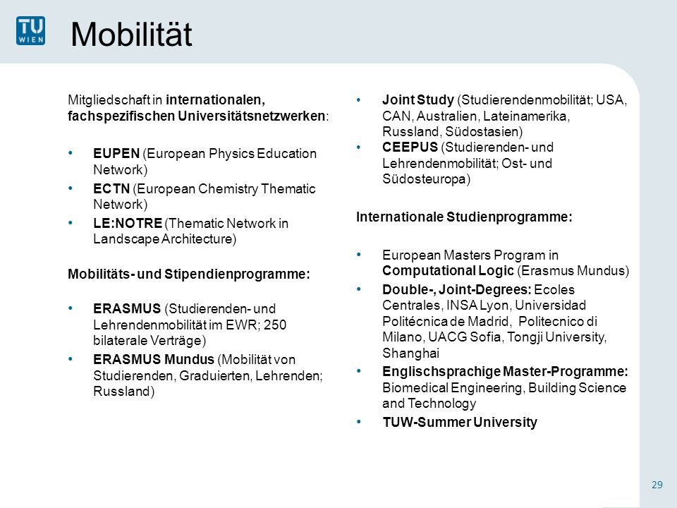 Mobilität Mitgliedschaft in internationalen, fachspezifischen Universitätsnetzwerken: EUPEN (European Physics Education Network)