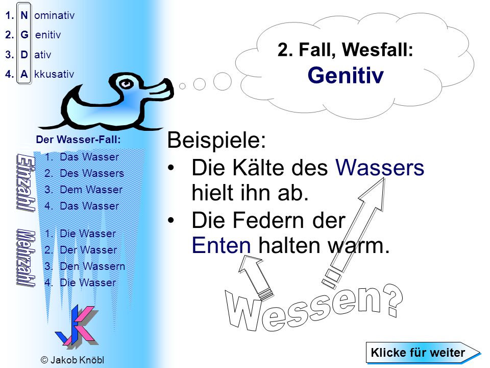 Wessen Genitiv Beispiele: Die Kälte des Wassers hielt ihn ab.