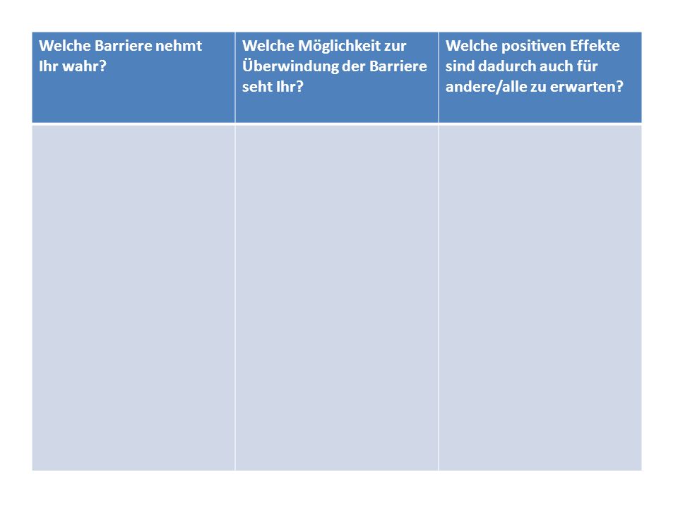 Welche Barriere nehmt Ihr wahr Welche Möglichkeit zur Überwindung der Barriere seht Ihr