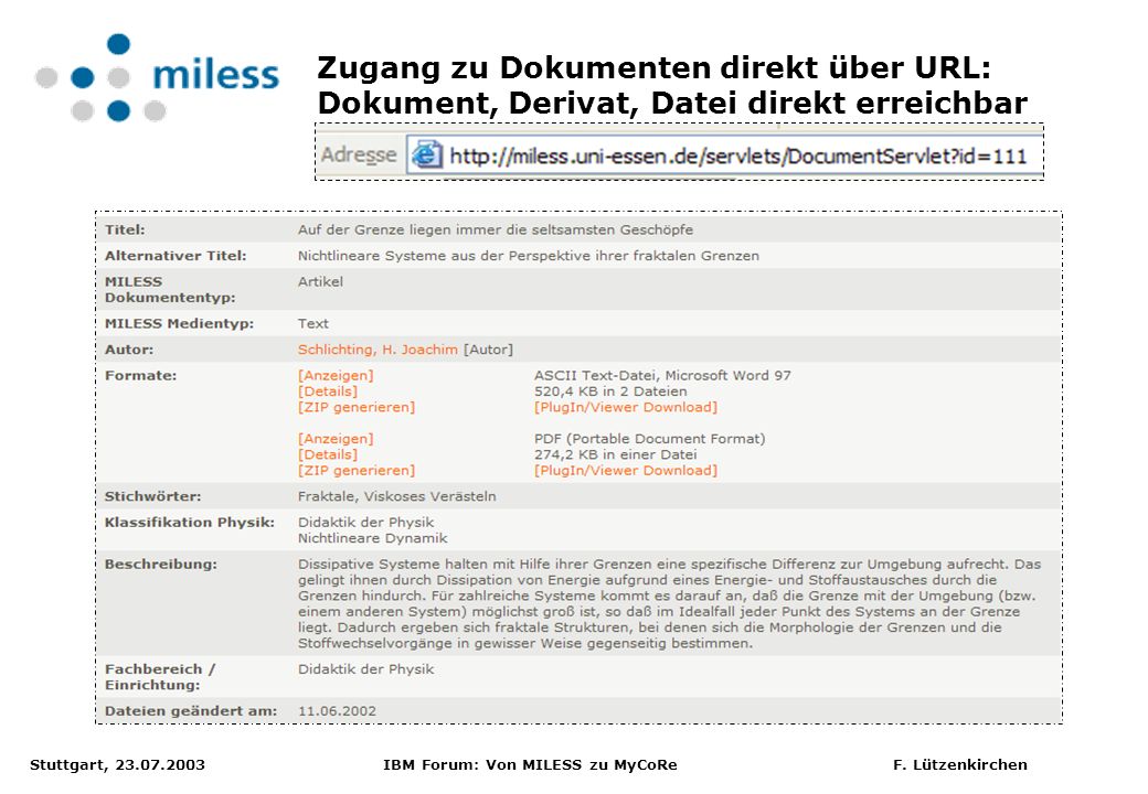 Zugang zu Dokumenten direkt über URL: Dokument, Derivat, Datei direkt erreichbar