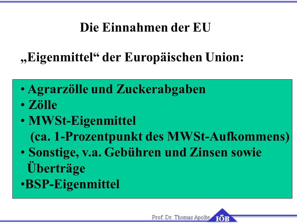 Die Einnahmen der EU „Eigenmittel der Europäischen Union: Agrarzölle und Zuckerabgaben. Zölle. MWSt-Eigenmittel.