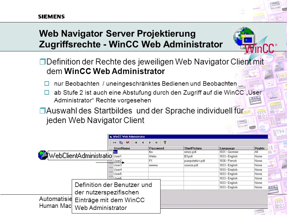 Web Navigator Server Projektierung Zugriffsrechte - WinCC Web Administrator
