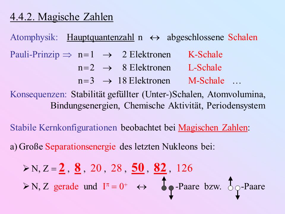 Magische Zahlen Atomphysik: Hauptquantenzahl n  abgeschlossene Schalen. Pauli-Prinzip  n  1  2 Elektronen K-Schale.