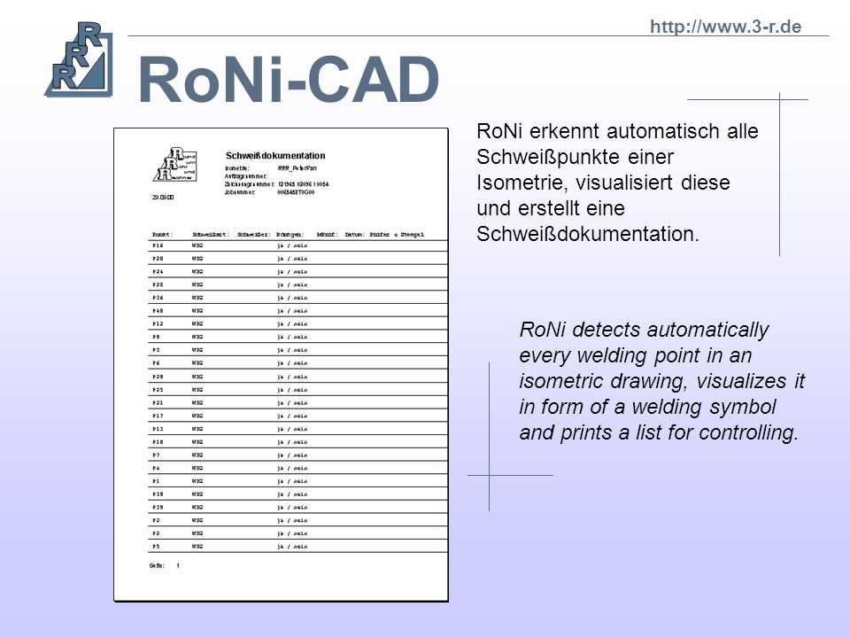 RoNi-CAD. RoNi erkennt automatisch alle Schweißpunkte einer Isometrie, visualisiert diese und erstellt eine Schweißdokumentation.