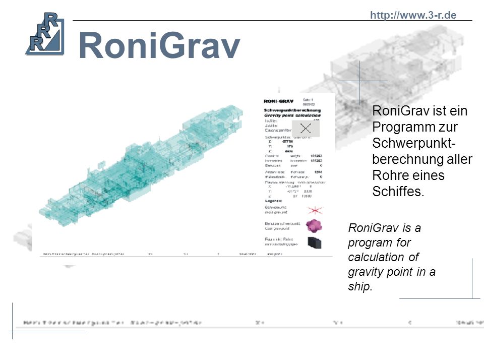 RoniGrav. RoniGrav ist ein Programm zur Schwerpunkt-berechnung aller Rohre eines Schiffes.