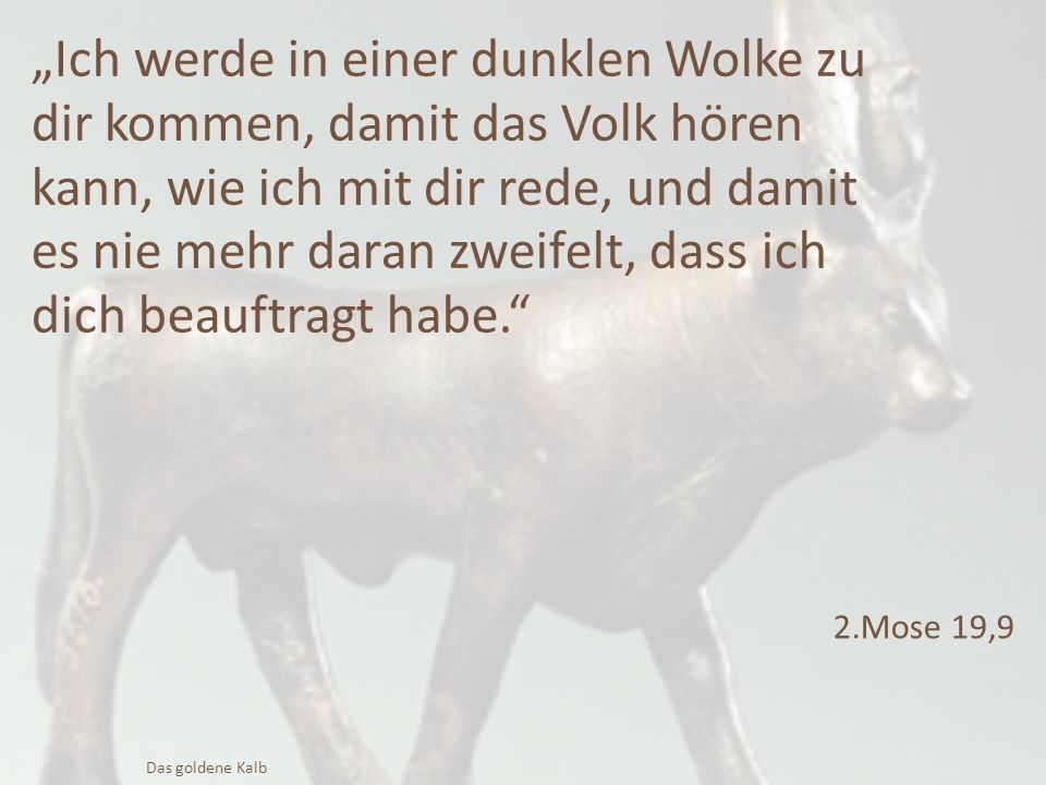 „Ich werde in einer dunklen Wolke zu dir kommen, damit das Volk hören kann, wie ich mit dir rede, und damit es nie mehr daran zweifelt, dass ich dich beauftragt habe.
