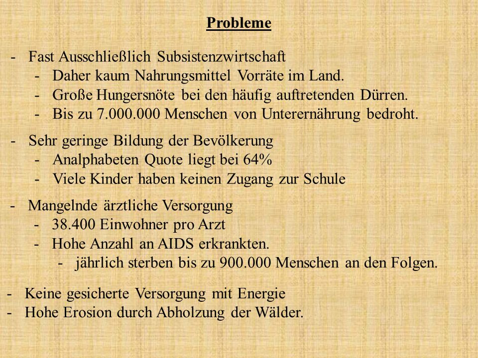 Probleme Fast Ausschließlich Subsistenzwirtschaft. Daher kaum Nahrungsmittel Vorräte im Land. Große Hungersnöte bei den häufig auftretenden Dürren.
