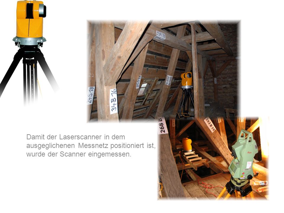 Damit der Laserscanner in dem ausgeglichenen Messnetz positioniert ist, wurde der Scanner eingemessen.
