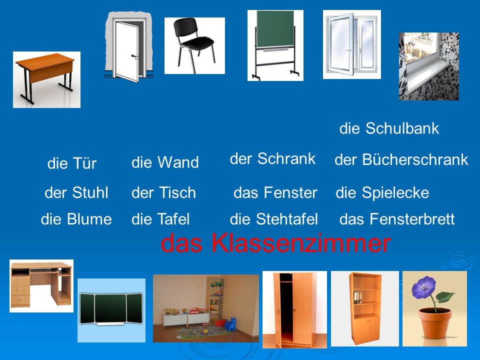das Klassenzimmer die Schulbank der Schrank der Bücherschrank die Tür