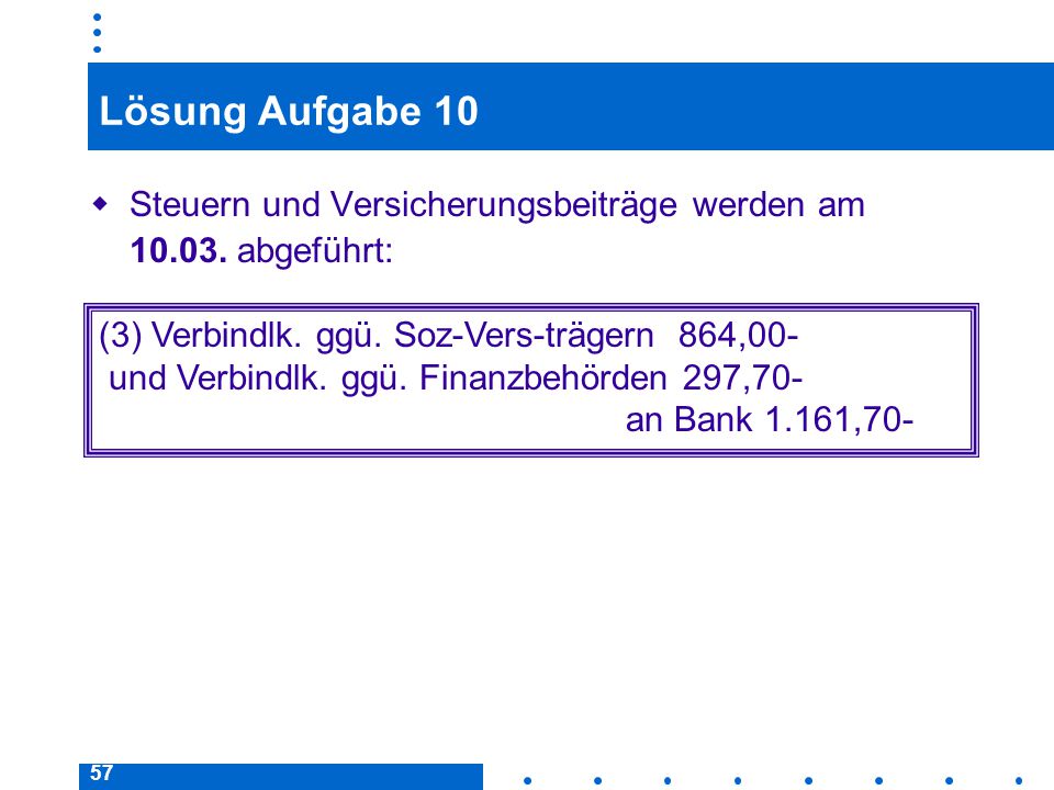 Lösung Aufgabe 10 Steuern und Versicherungsbeiträge werden am abgeführt: (3) Verbindlk. ggü. Soz-Vers-trägern 864,00-