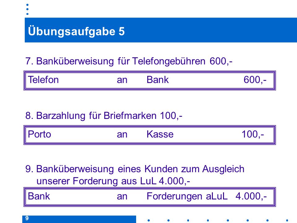 Übungsaufgabe 5 7. Banküberweisung für Telefongebühren 600,-