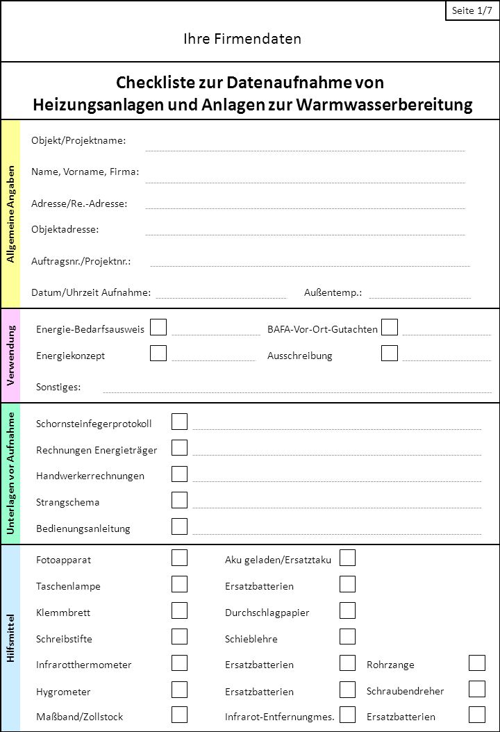 Checkliste zur Datenaufnahme von