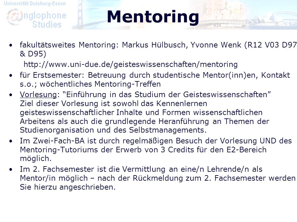 Mentoring fakultätsweites Mentoring: Markus Hülbusch, Yvonne Wenk (R12 V03 D97 & D95)