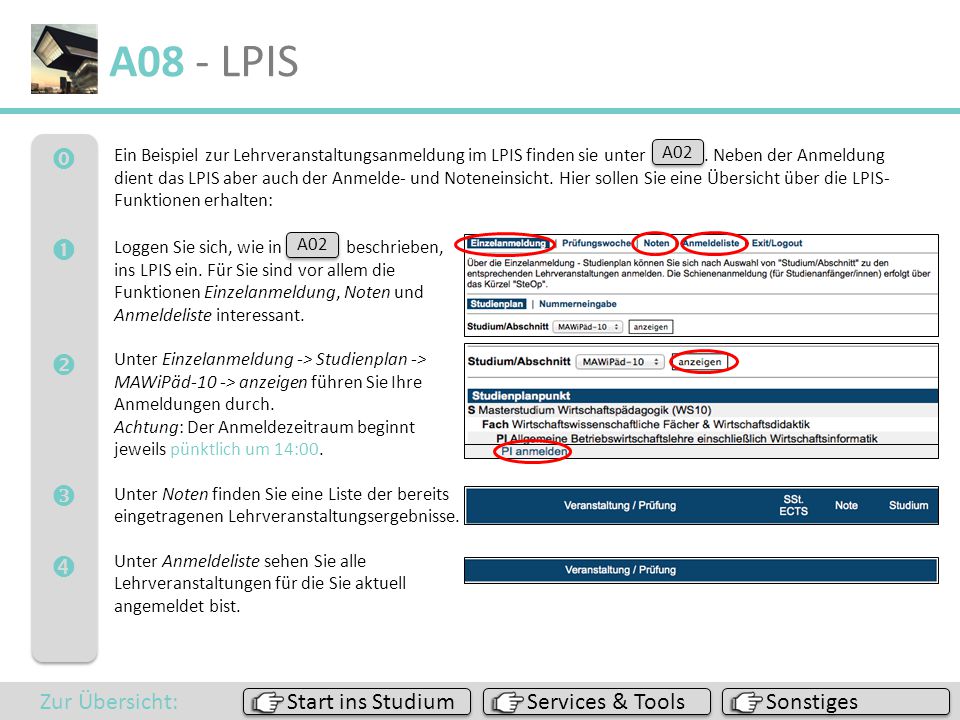 A08 - LPIS      Zur Übersicht: Start ins Studium Services & Tools