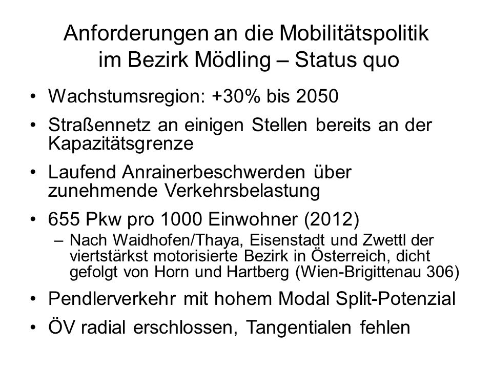 Anforderungen an die Mobilitätspolitik im Bezirk Mödling – Status quo
