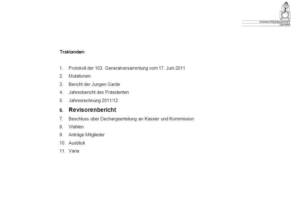 Traktanden: 1. Protokoll der 103. Generalversammlung vom 17. Juni Mutationen. 3. Bericht der Jungen Garde.