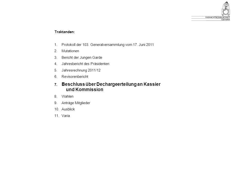 Traktanden: 1. Protokoll der 103. Generalversammlung vom 17. Juni Mutationen. 3. Bericht der Jungen Garde.