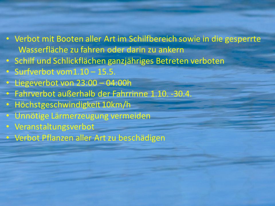 Verbot mit Booten aller Art im Schilfbereich sowie in die gesperrte
