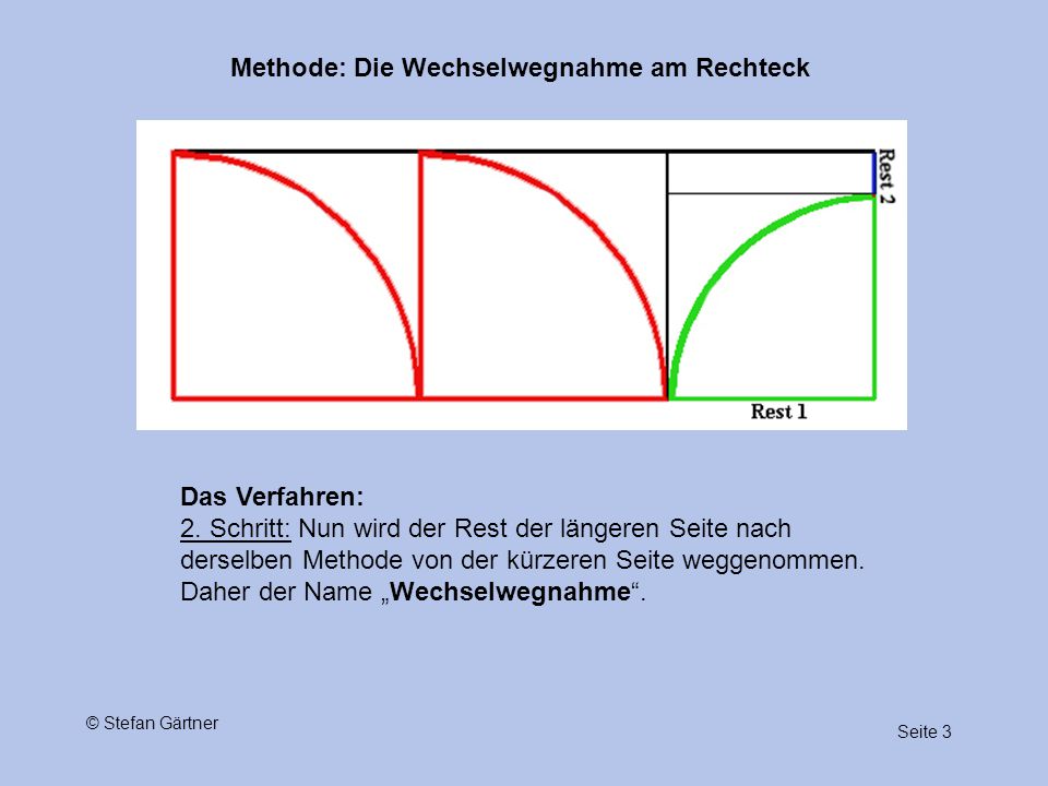 Das Verfahren: 2. Schritt: Nun wird der Rest der längeren Seite nach derselben Methode von der kürzeren Seite weggenommen. Daher der Name „Wechselwegnahme .