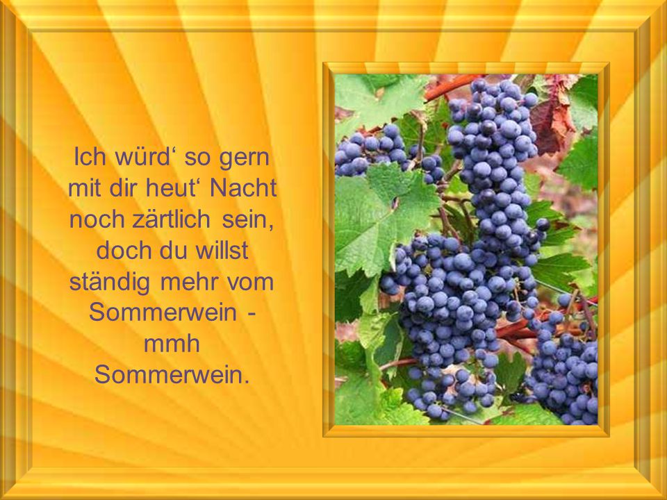 Ich würd‘ so gern mit dir heut‘ Nacht noch zärtlich sein, doch du willst ständig mehr vom Sommerwein - mmh Sommerwein.