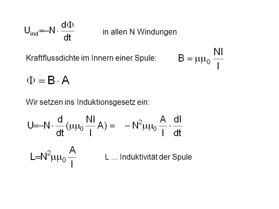 in allen N Windungen Kraftflussdichte im Innern einer Spule: Wir setzen ins Induktionsgesetz ein: L ...