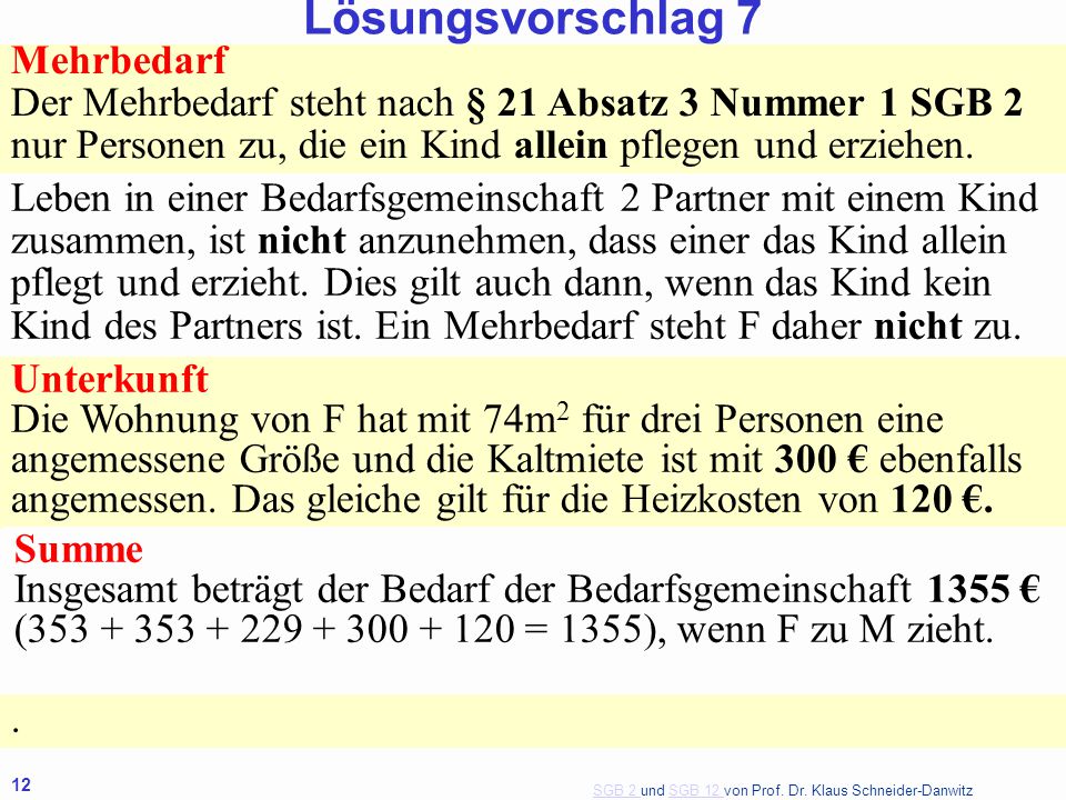 Lösungsvorschlag 7 Mehrbedarf Der Mehrbedarf steht nach § 21 Absatz 3 Nummer 1 SGB 2 nur Personen zu, die ein Kind allein pflegen und erziehen.