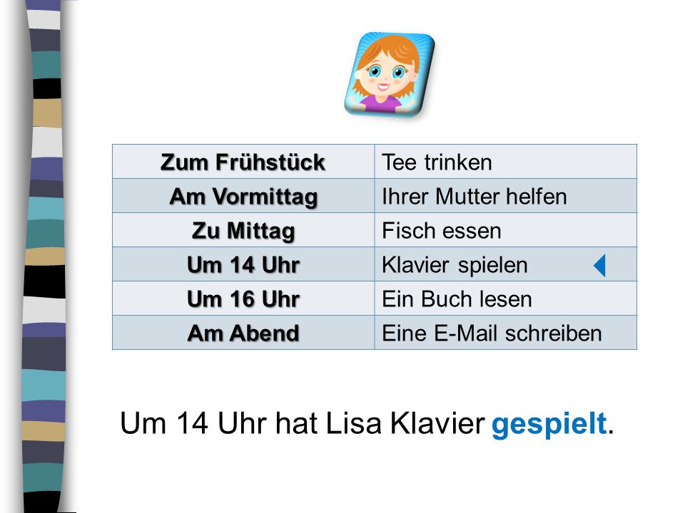  Um 14 Uhr hat Lisa Klavier gespielt. Zum Frühstück Tee trinken