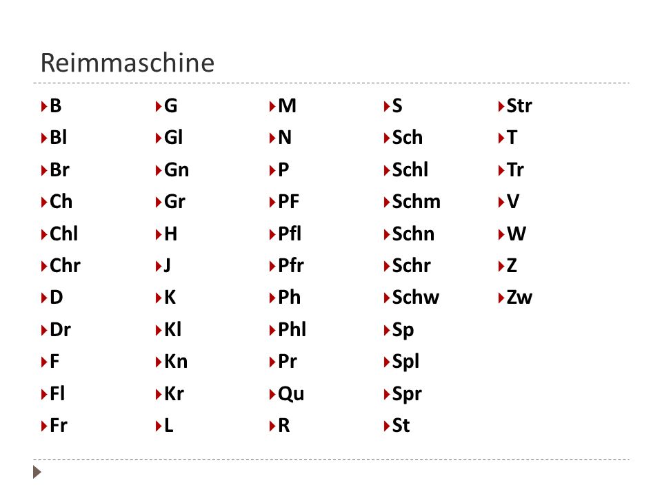 Reimmaschine B G M S Str Bl Gl N Sch T Br Gn P Schl Tr Ch Gr PF Schm V
