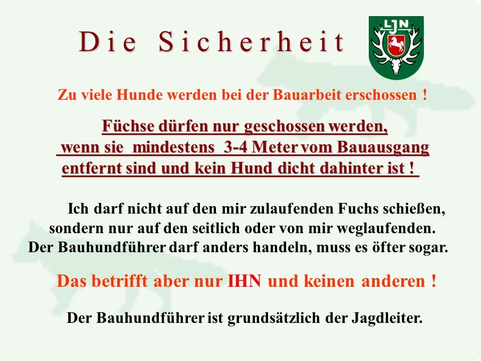 D i e S i c h e r h e i t Zu viele Hunde werden bei der Bauarbeit erschossen ! Füchse dürfen nur geschossen werden,
