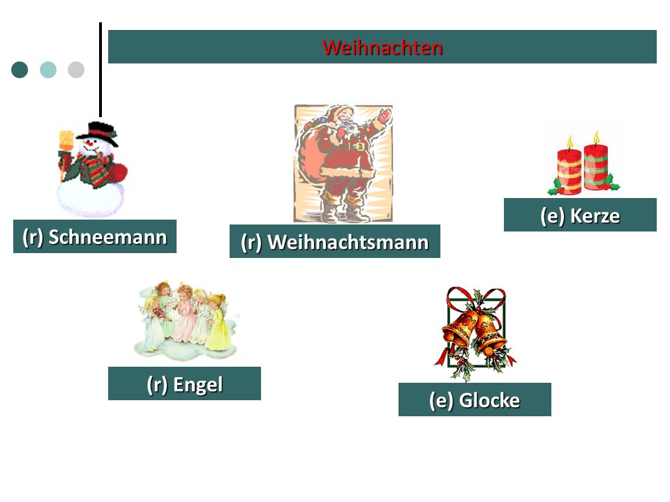 Weihnachten (e) Kerze (r) Schneemann (r) Weihnachtsmann (r) Engel (e) Glocke